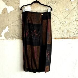 Vintage Midi Skirt Abstract Art Print 90s Rayon USA Made Artsy Boho Minimalist S